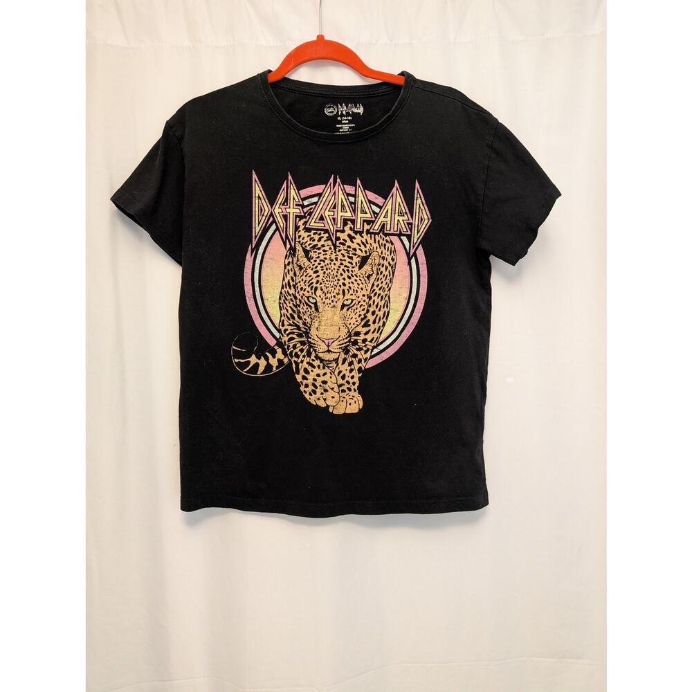Def Leppard Mighty Fine Kids Unisex Black Leopard Graphic Band T-Shirt XL 14-16